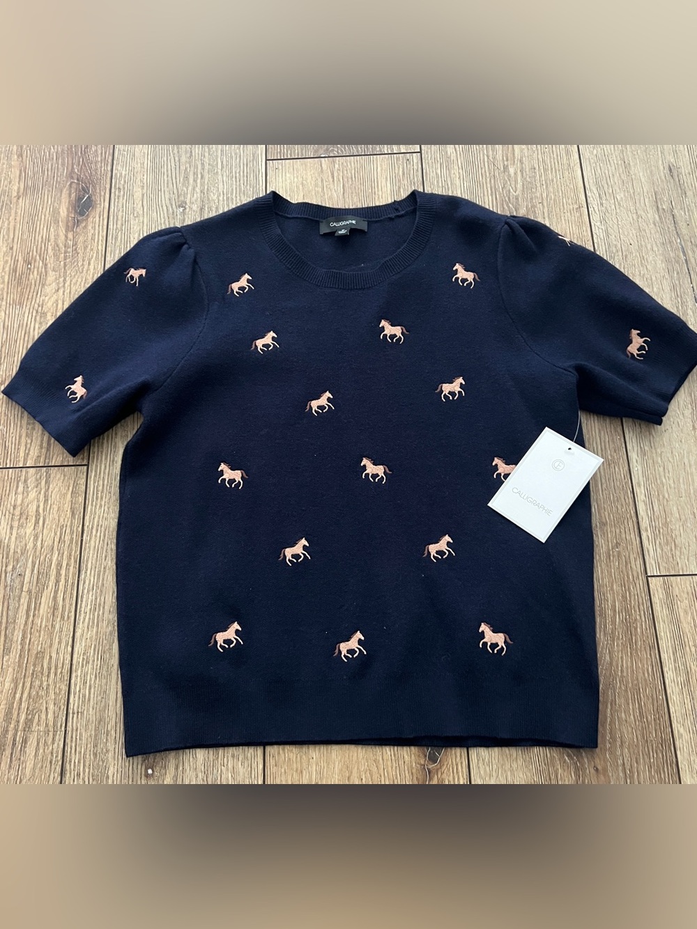 Womenms Navy Sweater with Tan Horse Embroidery